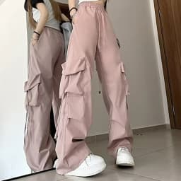 Women Korean High Waisted Slacks Lady Japanese 2000s Style Y2k Lace Up Cargo Trousers Female Yellow Pink Blue Black Joggers