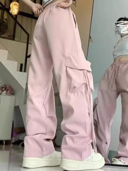 Women Korean High Waisted Slacks Lady Japanese 2000s Style Y2k Lace Up Cargo Trousers Female Yellow Pink Blue Black Joggers