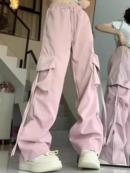 Women Korean High Waisted Slacks Lady Japanese 2000s Style Y2k Lace Up Cargo Trousers Female Yellow Pink Blue Black Joggers