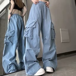 Women Korean High Waisted Slacks Lady Japanese 2000s Style Y2k Lace Up Cargo Trousers Female Yellow Pink Blue Black Joggers