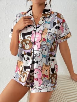 Cute Cartoon Print Satin Pajama Set Short Sleeve Buttons Lapel Top & Elastic Shorts Women's Sleepwear