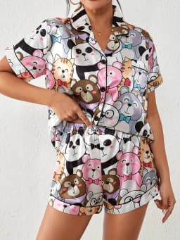 Cute Cartoon Print Satin Pajama Set Short Sleeve Buttons Lapel Top & Elastic Shorts Women's Sleepwear