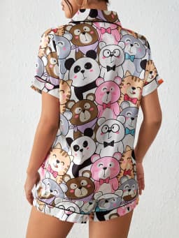 Cute Cartoon Print Satin Pajama Set Short Sleeve Buttons Lapel Top & Elastic Shorts Women's Sleepwear