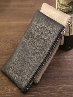 Genuine Leather Wallet Zipper Long Large Capacity Phone Card Money Clip Coin Purse Solid Color Litchi Pattern Clutch Bag