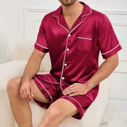 Mens two piece pajama set satin casual comfortable pijama button pocket short sleeve shirt with shorts Pajamas sleepwear for Men
