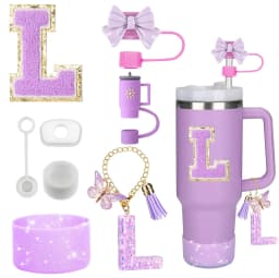 8PCS Accessories Set for Stanley Cup Purple 30oz 40oz tumbler Silicone Straw Topper Cover Cap Boot Handle Charm Initials Sticker