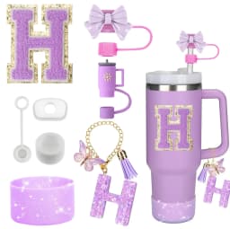 8PCS Accessories Set for Stanley Cup Purple 30oz 40oz tumbler Silicone Straw Topper Cover Cap Boot Handle Charm Initials Sticker