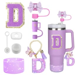 8PCS Accessories Set for Stanley Cup Purple 30oz 40oz tumbler Silicone Straw Topper Cover Cap Boot Handle Charm Initials Sticker
