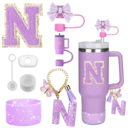 8PCS Accessories Set for Stanley Cup Purple 30oz 40oz tumbler Silicone Straw Topper Cover Cap Boot Handle Charm Initials Sticker