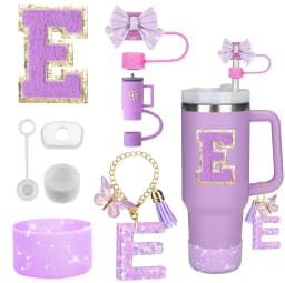 8PCS Accessories Set for Stanley Cup Purple 30oz 40oz tumbler Silicone Straw Topper Cover Cap Boot Handle Charm Initials Sticker