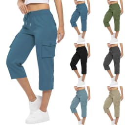 Women'S Pants 2024 Summer Fashion Pocket Design Cuffed Drawstring Casual Plain High Waist Skinny Daily Knee-Length Pants