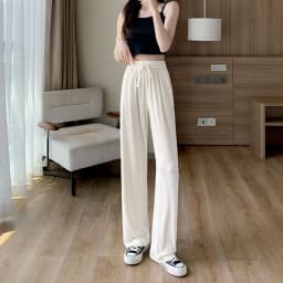Summer Cool Ice Silk Straight Pants Women Fashion High Waist Wide Leg Trousers Female Solid Sagging Feeling Baggy Casual Pants