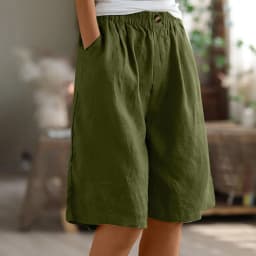 Summer Cotton Linen Shorts Women Large Size Cotton Linen Short Pants High Waist Elastic Waist Knee Length Pockets Shorts