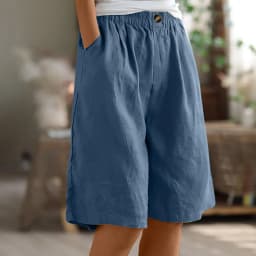 Summer Cotton Linen Shorts Women Large Size Cotton Linen Short Pants High Waist Elastic Waist Knee Length Pockets Shorts