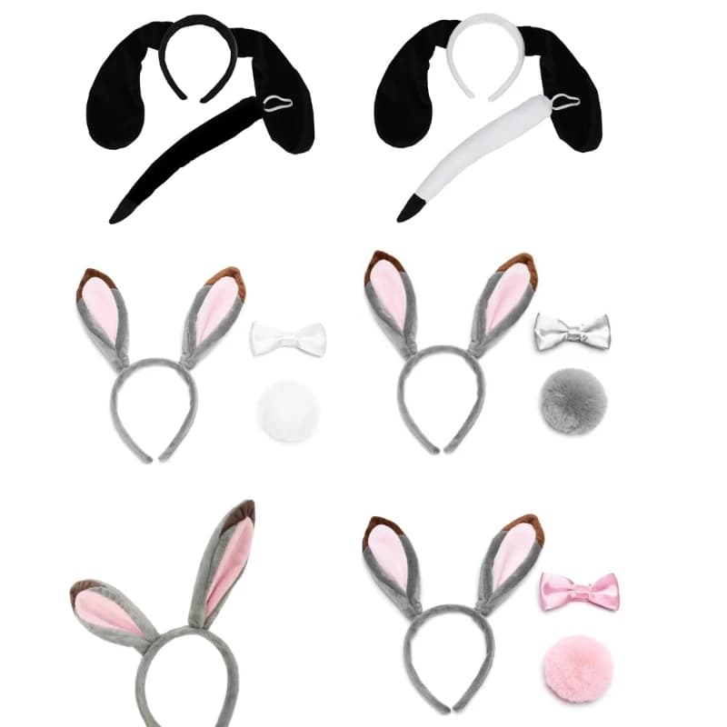 Rabbit Ears Headband Plush Bunny Ear Dog Ears and Tail for Kids and Adults