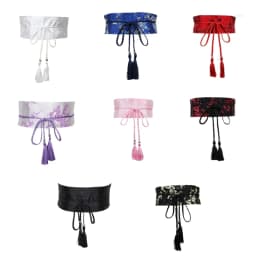 Y1UB Chinese Han Dynasty Hanfu Clothing Waistband with Tassels Wide Tie Belt with Chinese Ink Painting Flower Pattern