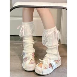 Japanese Y2K Lolita Girls Lace Bow Leg Warmers Women Calf Warmer Knitted Streamer Leg Covers JK Bow Princess Style Slouch Socks