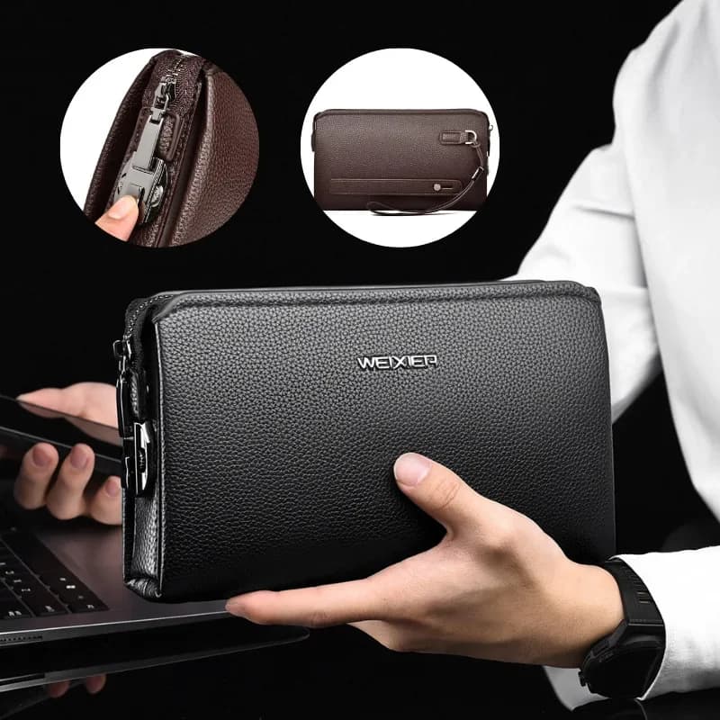 New Men's Clutch Purse High End PU Leather Long Wallet Large Capacity Multi Card Slot Wrist Bag Password Anti-Theft Phone Bag