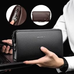New Men's Clutch Purse High End PU Leather Long Wallet Large Capacity Multi Card Slot Wrist Bag Password Anti-Theft Phone Bag
