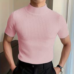 New Summer Fashion Tight T-shirt Casual Streetwear Textured High-neck Solid Color Short-sleeved Bottoming Tees Korean Style Tops
