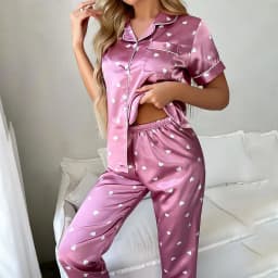 Women's Satin Short Sleeve Top And Long Pants Casual Comfort Pajama Loungewear With Heart Print Lounge Set Nightwear 2 Piece