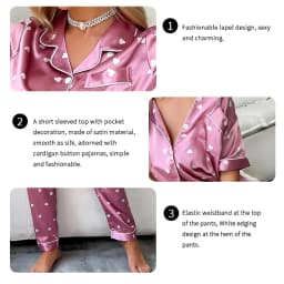 Women's Satin Short Sleeve Top And Long Pants Casual Comfort Pajama Loungewear With Heart Print Lounge Set Nightwear 2 Piece