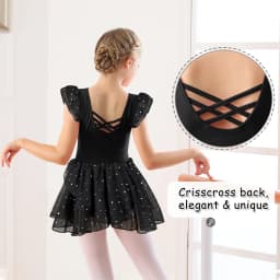Girls Ballet Leotards for Dance Ruffle Sleeve Ballet Dress Hollow Crisscross Back, Shiny Skirt