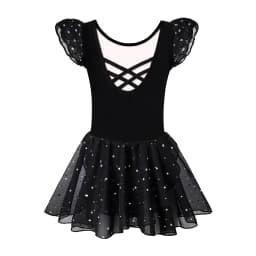 Girls Ballet Leotards for Dance Ruffle Sleeve Ballet Dress Hollow Crisscross Back, Shiny Skirt