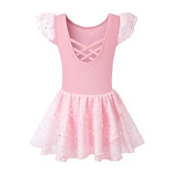 Girls Ballet Leotards for Dance Ruffle Sleeve Ballet Dress Hollow Crisscross Back, Shiny Skirt