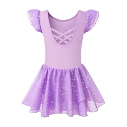 Girls Ballet Leotards for Dance Ruffle Sleeve Ballet Dress Hollow Crisscross Back, Shiny Skirt