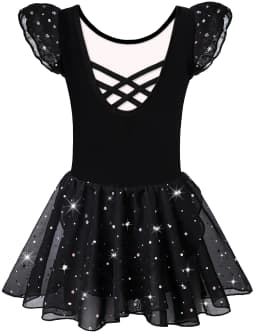Girls Ballet Leotards for Dance Ruffle Sleeve Ballet Dress Hollow Crisscross Back, Shiny Skirt