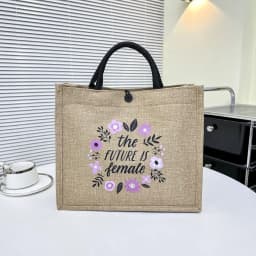 Letter Print Linen Tote Bag Casual Reusable Large Capacity Lunch Bag Top Handle Shopping Bag