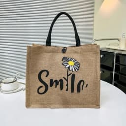 Letter Print Linen Tote Bag Casual Reusable Large Capacity Lunch Bag Top Handle Shopping Bag