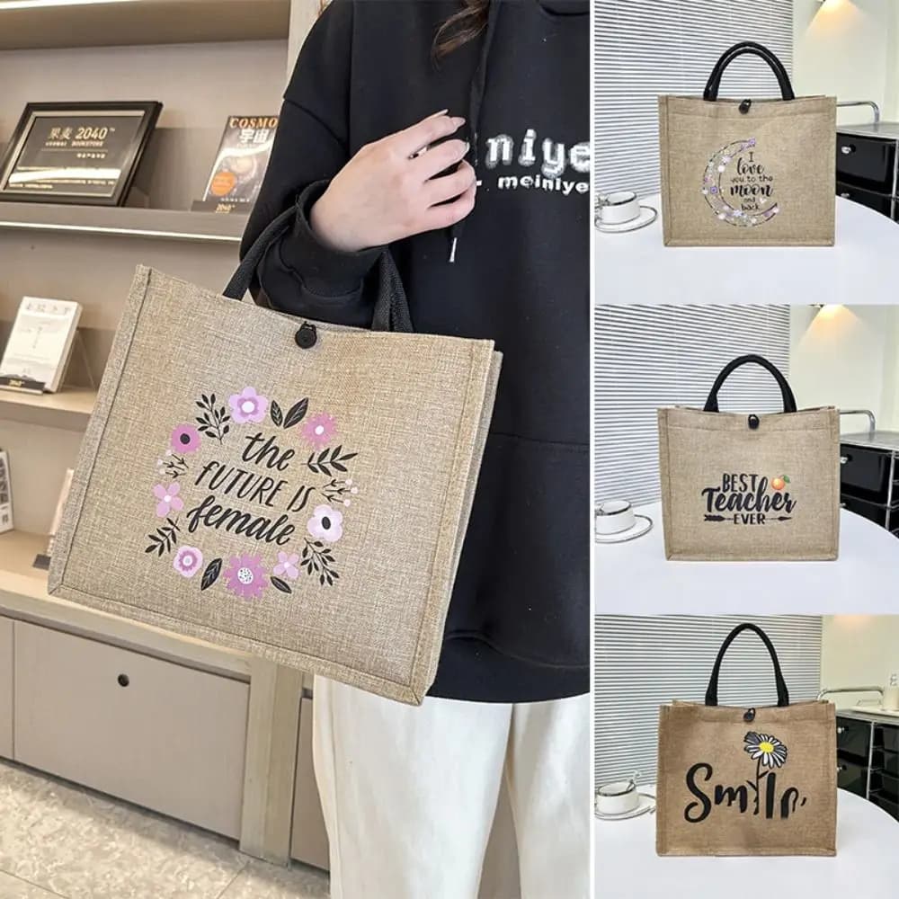 Letter Print Linen Tote Bag Casual Reusable Large Capacity Lunch Bag Top Handle Shopping Bag