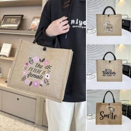Letter Print Linen Tote Bag Casual Reusable Large Capacity Lunch Bag Top Handle Shopping Bag