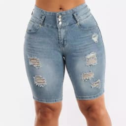 Fashion Slim Sexy Hip Lift Denim Shorts Women Three Buttons Splice High Waist Three Quarter Pants Female Broken Holes Mini Jeans