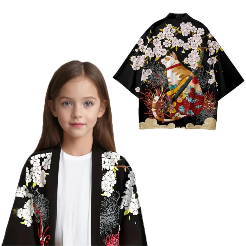 Summer Harajuku Cute Cat Printed Kids Kimono Boys Girls Casual Floral Samurai Cat Pattern Beach Japanese Kimono Haori Cardigan