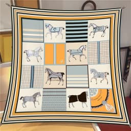 90cm Classic Checkered Horse Brand Square Scarf Women Twill Silk Scarf Shawl Hijab Luxury Bandana Foulard Neckerchief Head Scarf