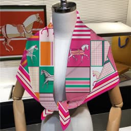 90cm Classic Checkered Horse Brand Square Scarf Women Twill Silk Scarf Shawl Hijab Luxury Bandana Foulard Neckerchief Head Scarf