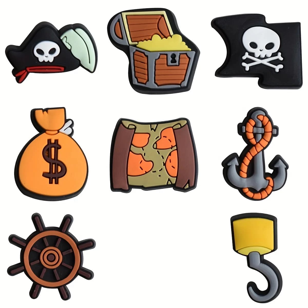 8pcs shoe charms with pirate and treasure map patterns, shoe decoration charms in a sporty style, fun for croc jib