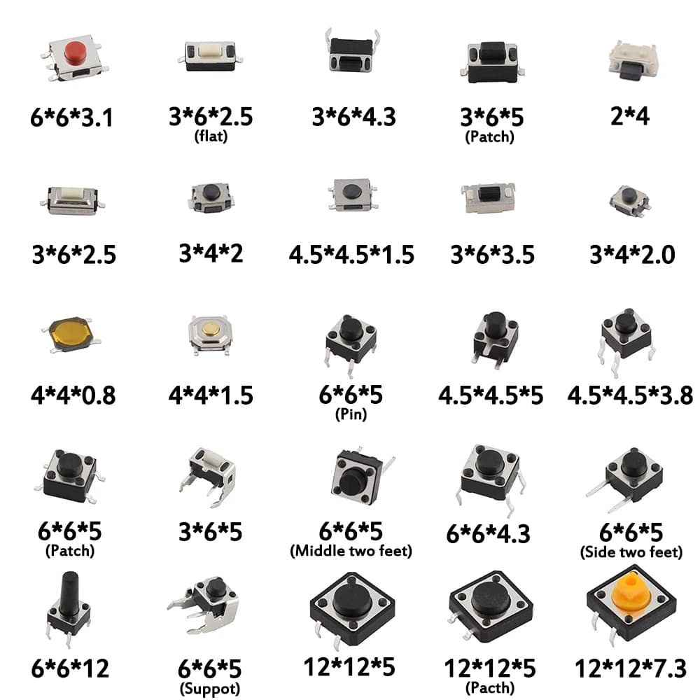125PCS Assorted Micro Push Button Tact Switch Kit - 25 Types, Including Reset & Mini Leaf Switches, SMD/DIP  2*4 3*6 4*4 6*6