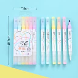 Set of 6 Colors Kawaii Erasable Highlighters Double Headed Note Taking Underlining 4mm Thick Markers Fluorescent Note Pens