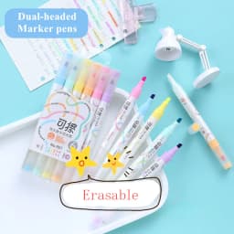 Set of 6 Colors Kawaii Erasable Highlighters Double Headed Note Taking Underlining 4mm Thick Markers Fluorescent Note Pens