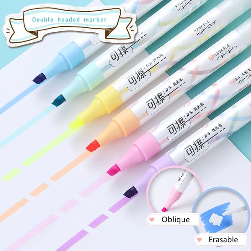 Set of 6 Colors Kawaii Erasable Highlighters Double Headed Note Taking Underlining 4mm Thick Markers Fluorescent Note Pens