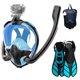 Adult Full Face Snorkel Mask Set Double-Tube Silicone Short Fins Set Panoramic View Adjustable Dive Flipper Dry Top Snorkel Gear