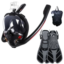 Adult Full Face Snorkel Mask Set Double-Tube Silicone Short Fins Set Panoramic View Adjustable Dive Flipper Dry Top Snorkel Gear