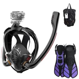 Adult Full Face Snorkel Mask Set Double-Tube Silicone Short Fins Set Panoramic View Adjustable Dive Flipper Dry Top Snorkel Gear