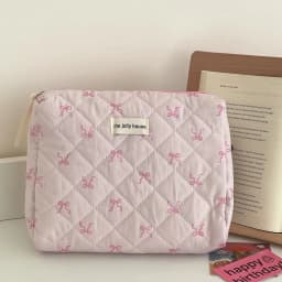 2024 Pink Bowknot Quilting Women Cosmetic Bag Portable Zipper Makeup Travel Organizer Female Handbag Toiletry Pouch For Girls