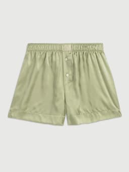 Women Summer Satin Silk Pajama Shorts Y2K Elastic Waist Button Boxer Shorts Loose Soft Solid Lounge Shorts