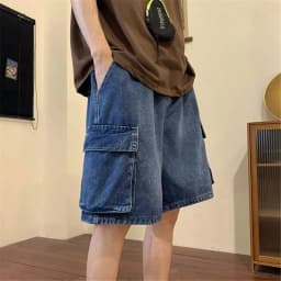 Pocket Casual Denim Shorts Summer Retro Blue Cargo Port Loose Big Pocket Thin Fashion Washed Five Point Casual High Waist Shorts
